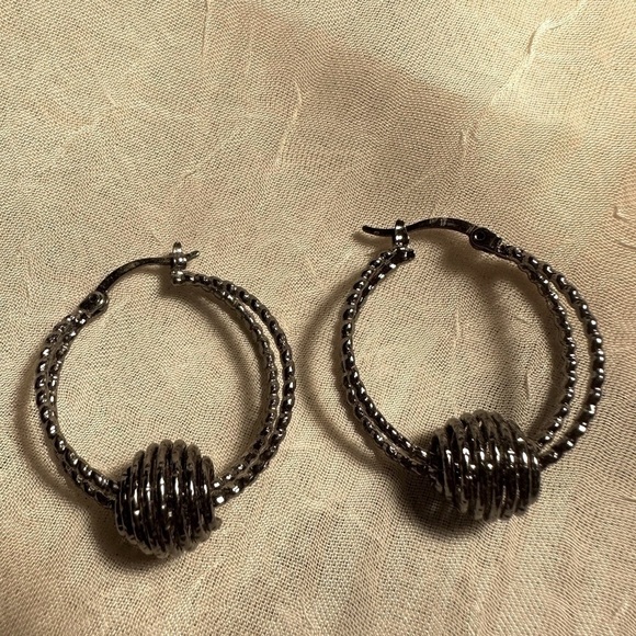 Textured Gun Metal Hoop Earrings - Picture 1 of 3